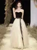 Vestido de Noche de Alta Gama con Parches de Malla Vestido para Mujer Textura de Alta Gama Socialite Sin Tirantes Negro Elegante Nuevo Estilo Vestido Largo para Mujer
