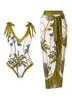 Traje de baño de una pieza con estampado estilo europeo y americano, cuello halter, amarre, Vestido playero para cubrir, Conservador, Cintura de amarre, Abertura alta, Traje de baño protector solar