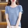 Tencel Primavera e Verão 2024 Nova Camiseta Feminina Solta Elegante Quzhu de Manga Curta Base Tricô Meia-manga Top