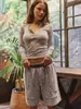 Shorts Casuais de Tricô Color Block de Cintura Alta Europeu e Americano Transfronteiriços para Mulheres, Calças Esportivas Caseiras Retas Soltas Estilo Preguiçoso para o Verão