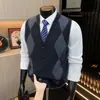 Suéter Cardigan Masculino Tricô Padrão Diamante Gola V Color Block Xadrez Diamante Jaqueta 100% Lã 350g Colete Masculino