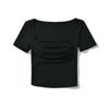 Camiseta de Manga Curta Estilo Hot Girl com Bojo Embutido para Mulheres Verão 2024 Novo Cor Lisa Efeito Emagrecedor Gola Quadrada Top Franzido