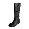 Botas Femininas Estilo Motociclista Cool e Ousado Outono/Inverno 2026 Bico Redondo Salto Grosso Salto Médio Acima do Joelho Botas de Equitação Pretas