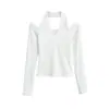 Ropa de Mujer al por Mayor Transfronteriza Estilo Europeo y Americano 2025 Otoño e Invierno Nuevo Top de Manga Larga sin Hombros con Cuello Halter Camiseta Camiseta de Punto Base