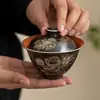 Oro y plata con marcas negras, motivo de danza del león, cuenco de té de cerámica vintage para uso doméstico, caja de regalo