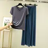Conjunto de Camiseta de Manga Corta con Cuello en V y Pantalones de Pierna Ancha Algodón Bit Conjunto de Dos Piezas Holgado Tallas Grandes Pijama Ropa de Casa de Verano para Mujer