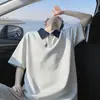 Camisa polo de manga curta color block estilo americano para homens, verão, peso pesado, estilo universitário, casual e estilosa, caimento solto, camiseta de manga curta com ombro normal para homens