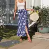 Falda Larga Estilo Vacaciones con Estampado Floral Europeo y Americano de Comercio Exterior Transfronterizo para Mujer, Cintura Alta con Cordón, Elegante Diseño de Abertura, Falda Larga de Corte A