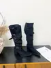 []2026 Botas Largas Retro de Tacón Grueso para Mujer de Cuero Hebilla Arrugadas Apiladas Botas de Caña Alta Botas Vaqueras Occidentales
