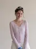 Cárdigan de punto de seda helada con cuello en V y volantes estilo francés, chal de verano para mujer, adecuado para llevar con falda, abrigo delgado corto
