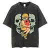 Camiseta Vintage Lavada do Anime Chainsaw Man com Gola de Marinheiro e Padrão Listrado, Camiseta Unissex Respirável e Confortável, Fabricada na China