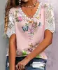 Novidades Primavera e Verão 2025 Roupas Femininas Amazon Europeu e Americano Transfronteiriço Renda Costurada Moda Estampada Camiseta de Manga Curta Tops para Mulheres