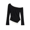 Camiseta Branca Assimétrica de Renda de Um Ombro para Mulheres, Estilo Doce e Picante para o Início da Primavera, Top Camiseta Básica Curta Slim Fit Off-Shoulder