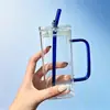 Copo Quadrado Espesso de Vidro Borossilicato com Tampa Alça para Canudo Copo de Água Resistente a Altas Temperaturas Estilo Ins Copo de Suco para Meninas