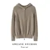 Cardigan com Capuz Tricotado 100% Caxemira Kang Sai Ni Feminino Zíper Duplo Casual Esportivo Casaco Suéter para o Dia a Dia