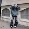 Abrigo Retro Old Denim Estilo Americano Pesado Oversize Marca de Moda Bolsillo con Puntadas Sudadera de Moda con Capucha