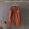Calça cropped feminina de algodão e linho verão solta plus size cintura elástica de linho calça harém afunilada calça casual versátil 8207