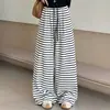Calça Feminina Listrada Casual com Cordão Fluida Outono Versátil Solta Afinando Wide Leg