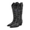 Botas Longas de Couro Elegantes com Bico Fino para Mulheres, Primavera 2026 Botas de Salto Alto Chunky com Recorte em V Emagrecedor, Botas Western Cowboy