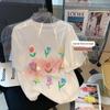 Camiseta feminina de algodão com gola de camisa, estampa divertida de flor branca, manga curta, verão, solta, comprimento médio, casual, combina com tudo, manga média