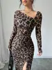 Nueva ropa europea y americana para mujer de Amazon: vestido de cuello redondo, manga larga, estampado de leopardo sexy, cintura alta, elegante, estilo 'hot girl'