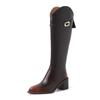 Botas de Caballero de Caña Alta Gruesas de Piel de Vaca Entera Frotada con Boca en V 2023 Invierno Nuevo Estilo Punta Hebilla de Cinturón Cuero Genuino Botas Altas para Mujer