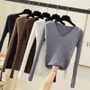 Suéter de Punto Acanalado Ajustado de Otoño/Invierno Nuevo para Mujer, Top Base de Punto Ajustado de Color Sólido con Mangas Largas