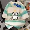 Camiseta de algodão puro de peso pesado com estampa de desenho animado fofo de manga curta para homens e mulheres, top de verão tie-dye degradê listrado solto com gola redonda para casal
