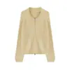 Cardigan de Tricô com Zíper e Gola de Damasco Estilo Coreano Feminino Outono Inverno Novo Estilo Preguiçoso Solto Suéter Médio Longo
