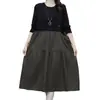 Vestido com Bloqueio de Cores, Bolso com Botão, Gola Redonda, Feminino, Primavera, Outono, Tamanho Grande, Gorduchinha MM, Roupas para Mãe, Rejuvenescedor, Estiloso, Solto, Comprimento Médio, Saia