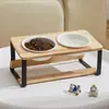 Tigela de Gato de Cerâmica Protege a Coluna Cervical e Evita Tombar Tigela de Comida para Gato Tigela de Água Suporte para Tigela de Pet Tigela Dupla Barata de Cerâmica Suporte de Madeira de Ferro