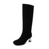 Botas Femininas Largas e Chamativas 2025 Novas de Salto Grosso Bico Redondo de Salto Alto, Botas de Moda Chamativas de Cano Alto Acima do Joelho