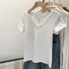 Al por mayor Transfronterizo Verano 210g 40 Unidades Hilo de Algodón Cuello en V Hombro Derecho Ajustado Manga Corta Camiseta Mujer Talla Grande Top