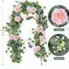 Trepadeiras Artificiais de Camélia Rosa para Decoração de Cenário de Casamento com Folhagens, Trepadeira Pendurada em Porta de Sala de Shopping para Paisagismo