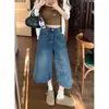 Calça jeans cropped reta americana retrô com lavagem desgastada para mulheres, moda verão, corte solto, plus size, perna larga, jeans comprimento 8/10