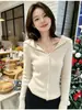 Abrigo-suéter de manga larga de hilo de núcleo, estilo casual, top de moda con cuello de solapa, primavera, otoño, invierno, cárdigan de punto elegante y favorecedor para mujer