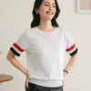 Camiseta de punto de manga corta para mujer, dos tonos, verano, nueva, cuello redondo, holgada, fina, base, con rayas de bloques de color