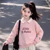 Conjunto de Dos Piezas de Moda para Niñas Mayores: Sudadera Linda Nueva de Primavera y Otoño con Bordado de Conejo y Pantalones de Pierna Ancha Versátiles