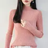 Suéter de malha canelada 100% algodão de alta qualidade estilo francês para mulheres, gola alta discreta, novo corte justo, suéter cinza quente