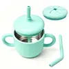 Taza de acero inoxidable con pajita de silicona para niños, taza multifuncional para beber directamente con pajita y doble asa, taza de aprendizaje de estilo creativo