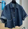 Camisa jeans de alta qualidade, única, luxo leve, vintage, macia, de manga curta para mulheres, fina, solta, jaqueta top casual de verão