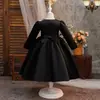 Al por mayor Estilo Nuevo Vestido Falda Niños Falda de Satén Estampada Niñas Vestido Tutú Negro de Manga Larga