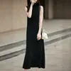 Otoño Temprano 2025 Nuevo Vestido de Punto con Cuello de Pelo Fino de Lana Sin Mangas para Mujer Color Sólido Versátil Cintura Alta Falda Larga