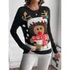 Suéter Navideño Jacquard de Ciervo de Dibujos Animados Europeo y Americano para Mujer Comercio Exterior Transfronterizo Amazon Suéter de Punto de Cuello Redondo de Manga Larga