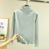 Camiseta interior cálida para mujer de otoño e invierno, con forro polar, engrosada, corte ajustado, manga larga, con cuello medio alto y dobladillo festoneado