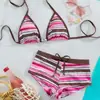 Bikini Rayado Sexy para Mujer Traje de Baño de Dos Piezas Cintura Alta Cordón Adelgazante Baño Termal Vacaciones en la Playa Conjunto