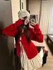 Hermosos Atuendos de Otoño e Invierno, Conjuntos Cómodos, Cárdigans de Punto Rojos, Chaquetas Suéter de Manga Larga, Faldas Bordadas para Mujer