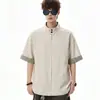 Camisa de Manga Corta con Cuello Alto Estilo Old Money para Hombre, Conjunto de Dos Piezas Veraniego Empalmado Cardigan a Cuadros High Street Americano, Top Talla Grande