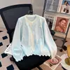 Cardigan Tricotado Falso Duas Peças Color Block Estilo Doce Laço, Novo Estilo Primavera e Outono, Suéter Casaco Estilo Preguiçoso Gentil e Elegante