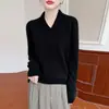 Suéter de tricô 100% lã estilo francês com decote V para mulheres, design moderno com gola de lapela, camada base quente para outono e inverno